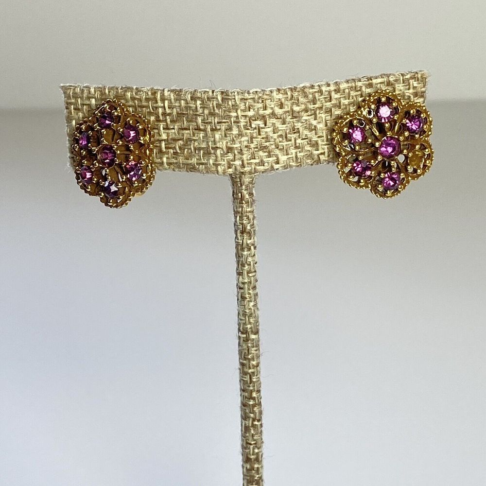 Vintage Purple Rhinestone Flower Antique Gold Tone Screwback Clip On Earrings